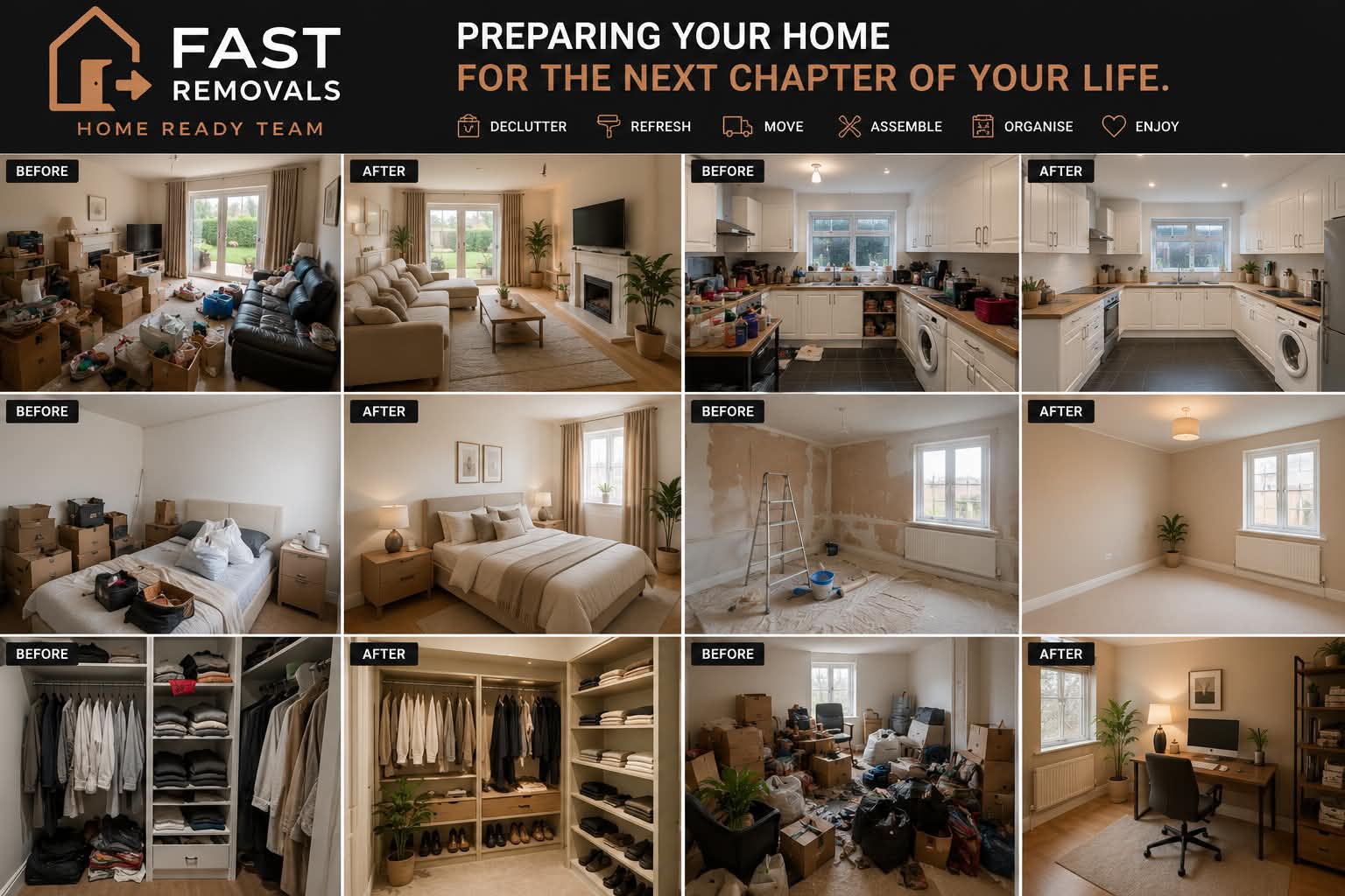 Examples of room preparation and home organisation before and after